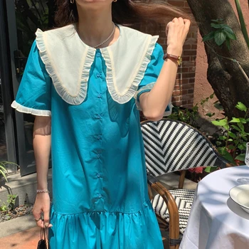 Korejski Poletje Obleko francoski Šivanje Čipke Urad Dama 2021 Ohlapno, Tanko Srednje Dolgo-line Kratkimi Rokavi Ženske Obleke Vestidos