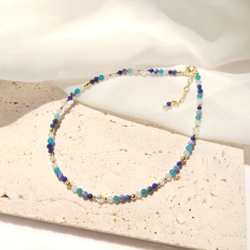 Lii Ji Apatite Akvamarin Sodalite Lapis Lazuli 14K Zlato, ki je Napolnjena Beaded Anklet 26+3cm Kristal, Ročno izdelan Nakit Za Ženske, Darilo