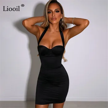 Liooil Bodycon Mini Povodcem Obleke Za Ženske Stranka Seksi Backless Brez Rokavov Ženske Paket Hip Obleko Poletje 2021 Tesen Opremljeno