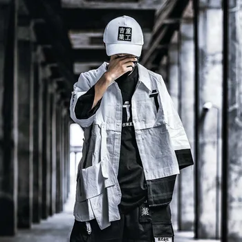 Techwear Japonski Pismo Vezenje Žepi Hip Hop Tovora Srajce Moške Retro Poletje Priložnostne Ulične Vintage Bluze Cardigan