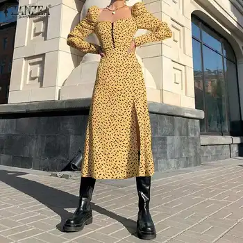 ZANZEA Retro Cvjetnim Tiskanja Vestido 2021 Pomlad francoski Femme Stranka Priložnostne Kvadratnih Ovratnik Obleke Ženska Moda Elegantno Obleko Midi